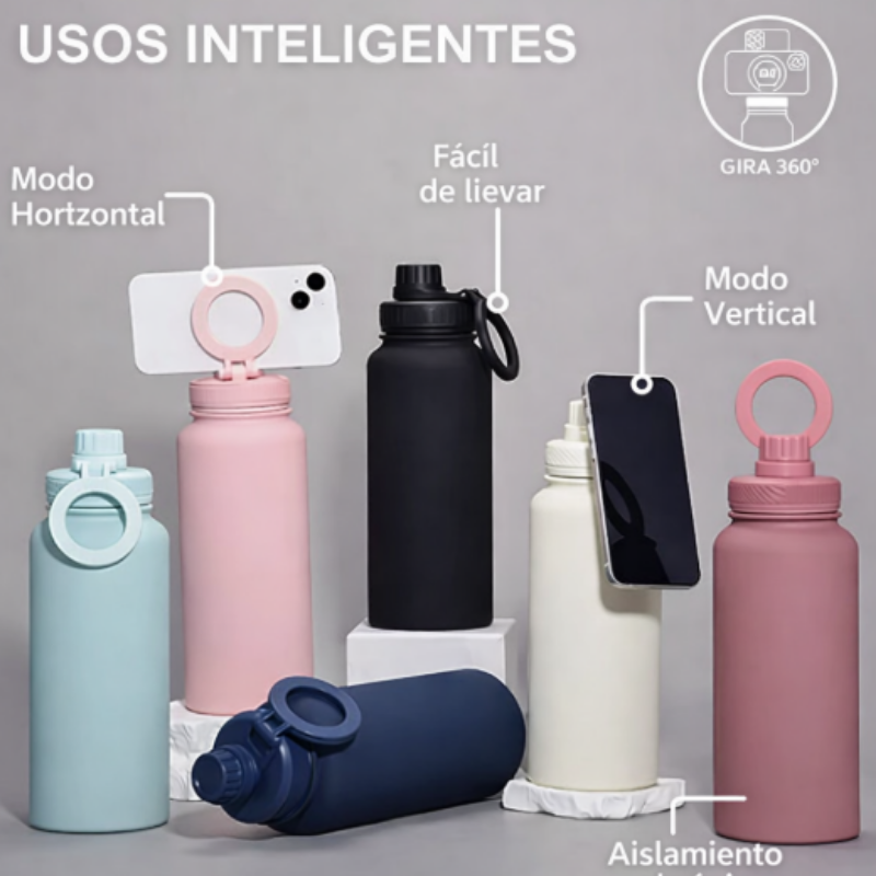 Botella Térmica de Acero Inoxidable 800 ml con Soporte Magnético para Celular